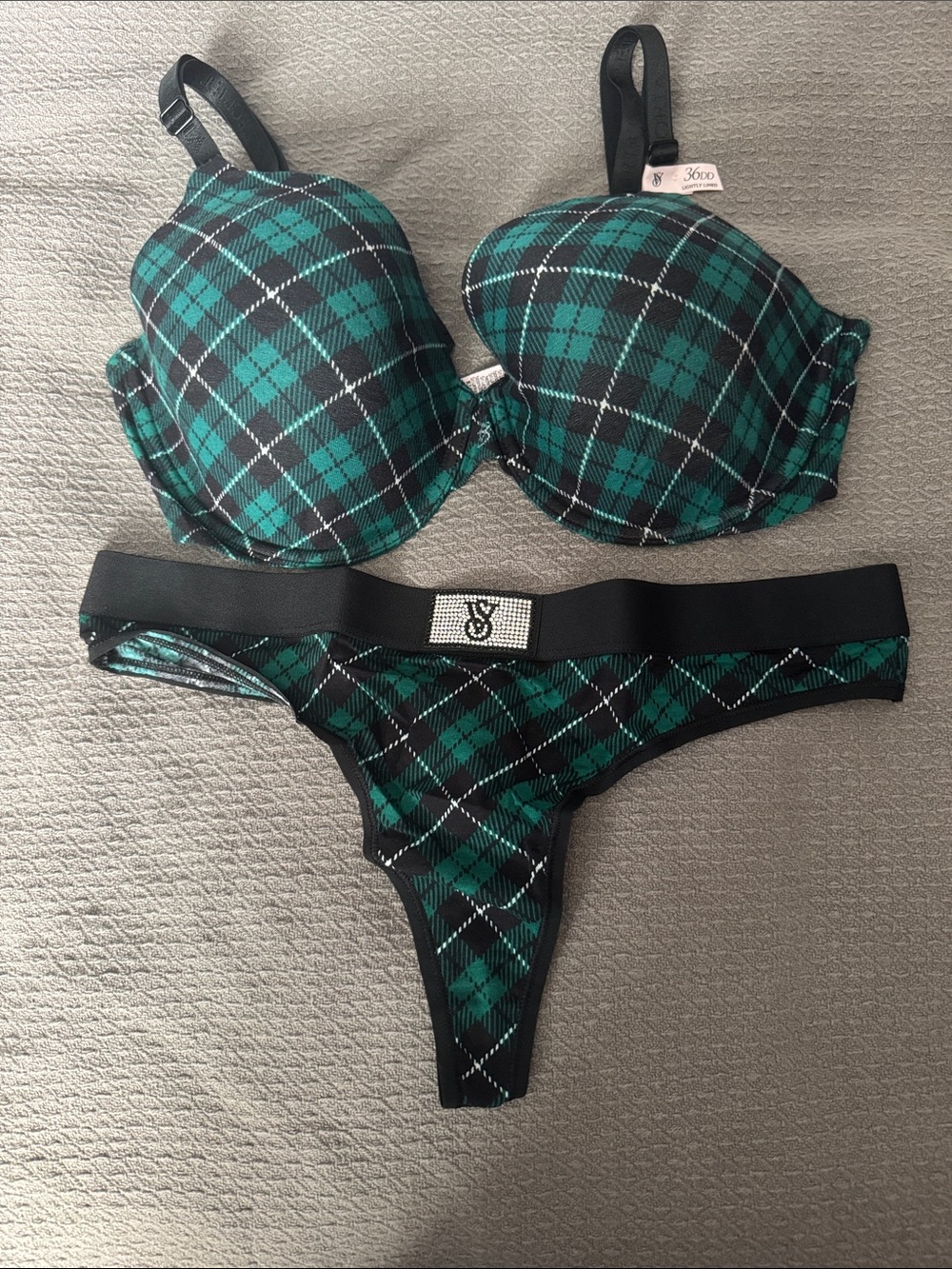 Victoria's Secret Green & Black Plaid T-Shirt Bra and Thong Set